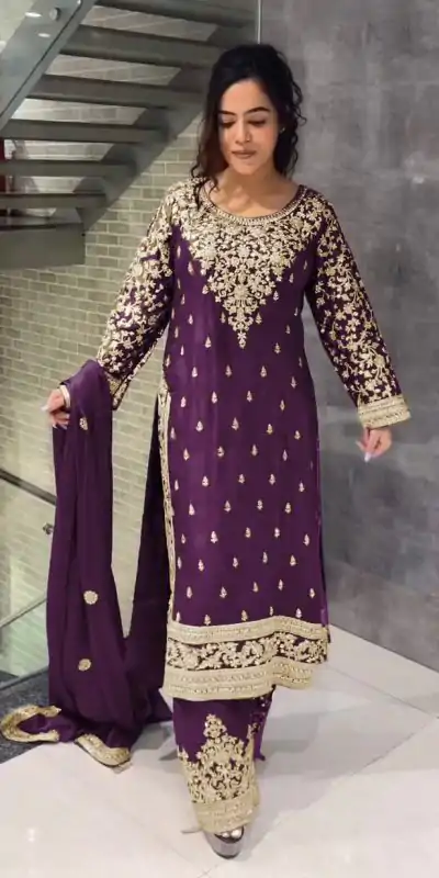 SSR 477 Purple Color Chinnon Silk Embroidery Sequence Salwar Suit Wedding, Party, Festive, Events Expected Delivery 4-6 Working Days @ 2099/- | Jump Suits, Casual Suits, Creative suits, Designer Suits, Palazzo Suits, Party Wear Suits, Patiala Suits, Salwar suit, Straight Suits