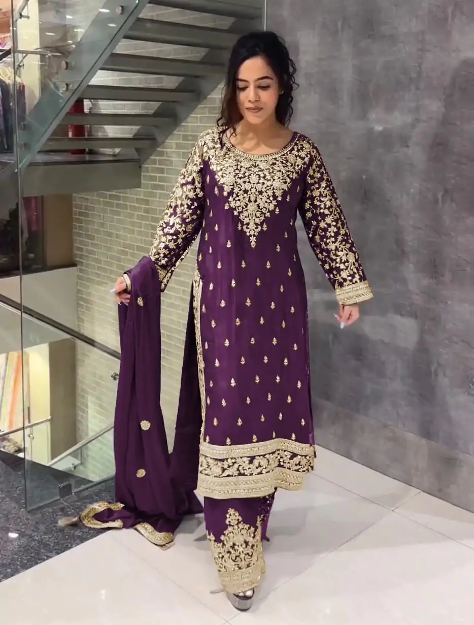 SSR 477 Purple Color Chinnon Silk Embroidery Sequence Salwar Suit Wedding, Party, Festive, Events Expected Delivery 4-6 Working Days @ 2099/- | Jump Suits, Casual Suits, Creative suits, Designer Suits, Palazzo Suits, Party Wear Suits, Patiala Suits, Salwar suit, Straight Suits