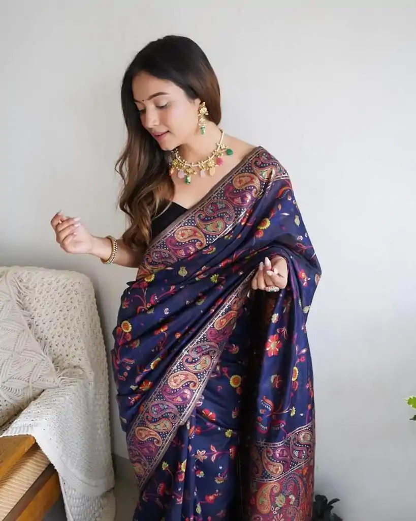 DDF 504 Blue Color Kashmiri Running Thread Zari Work Saree Casual, Party Wear, Events, Festivals Etc. Expected Delivery 4-6 Working Days 2499/- | Bollywood Sarees, Creative Sarees, Designer Sarees, Embroidered Sarees, Ethnic Saree, Modern Digital sarees, Party Wear Sarees, Sarees