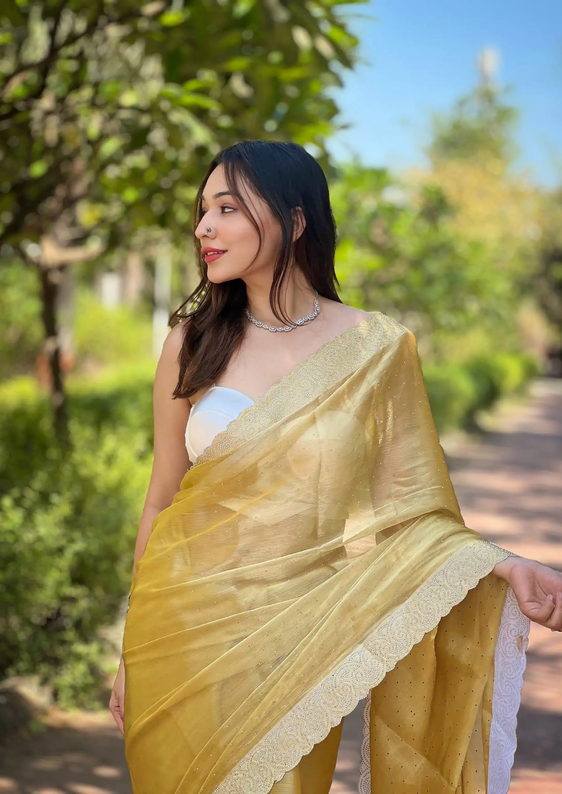 DF Burberry Golden Color Burberry Silk Diamond Sequins Saree Casual, Party Wear, Wedding, Events Etc Delivery Expected.4-6 Working Days 1899/- | Bollywood Sarees, Creative Sarees, Designer Sarees, Embroidered Sarees, Ethnic Saree, Party Wear Sarees, Sarees