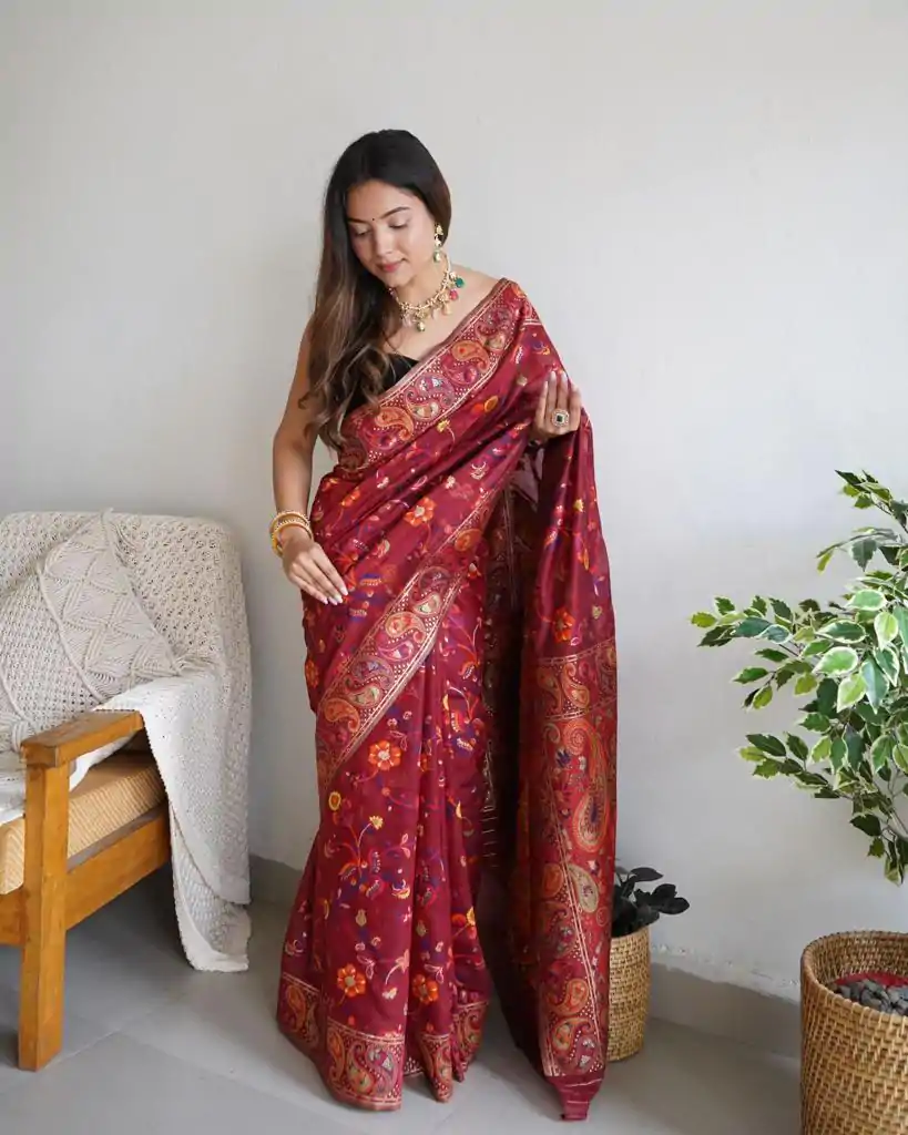 DDF 504 Maroon Color Kashmiri Running Thread Zari Work Saree Casual, Party Wear, Events, Festivals Etc. Expected Delivery 4-6 Working Days 2499/- | Bollywood Sarees, Creative Sarees, Designer Sarees, Embroidered Sarees, Ethnic Saree, Modern Digital sarees, Party Wear Sarees, Sarees