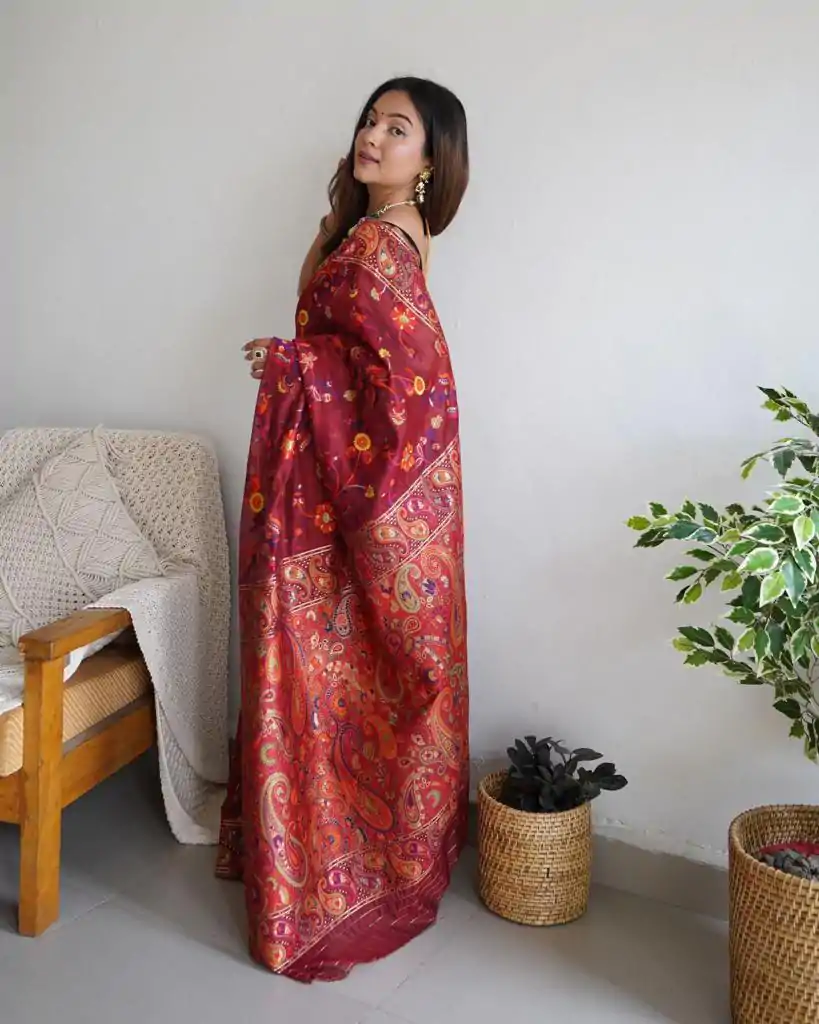 DDF 504 Maroon Color Kashmiri Running Thread Zari Work Saree Casual, Party Wear, Events, Festivals Etc. Expected Delivery 4-6 Working Days 2499/- | Bollywood Sarees, Creative Sarees, Designer Sarees, Embroidered Sarees, Ethnic Saree, Modern Digital sarees, Party Wear Sarees, Sarees
