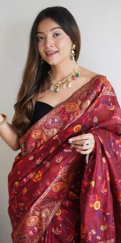 DDF 504 Maroon Color Kashmiri Running Thread Zari Work Saree Casual, Party Wear, Events, Festivals Etc. Expected Delivery 4-6 Working Days 2499/- | Bollywood Sarees, Creative Sarees, Designer Sarees, Embroidered Sarees, Ethnic Saree, Modern Digital sarees, Party Wear Sarees, Sarees