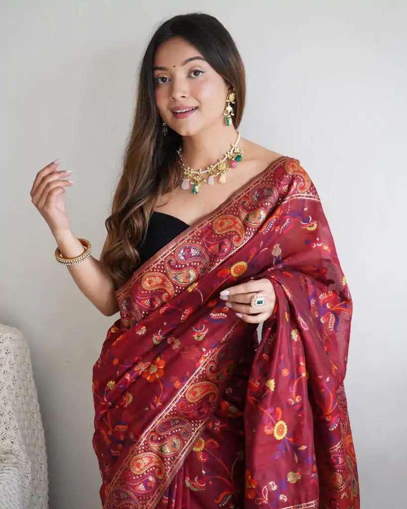 DDF 504 Maroon Color Kashmiri Running Thread Zari Work Saree Casual, Party Wear, Events, Festivals Etc. Expected Delivery 4-6 Working Days 2499/- | Bollywood Sarees, Creative Sarees, Designer Sarees, Embroidered Sarees, Ethnic Saree, Modern Digital sarees, Party Wear Sarees, Sarees