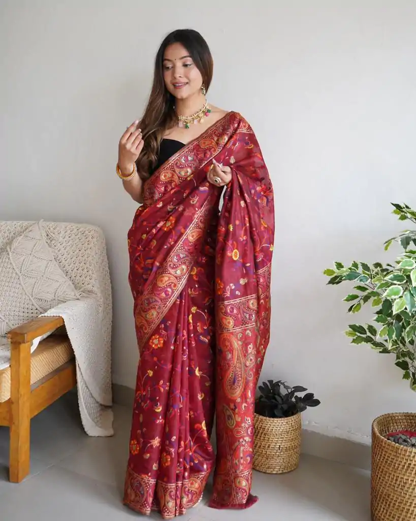 DDF 504 Maroon Color Kashmiri Running Thread Zari Work Saree Casual, Party Wear, Events, Festivals Etc. Expected Delivery 4-6 Working Days 2499/- | Bollywood Sarees, Creative Sarees, Designer Sarees, Embroidered Sarees, Ethnic Saree, Modern Digital sarees, Party Wear Sarees, Sarees