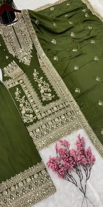 SRK 5146 Mehndi Color Pure Chinnon Silk Embroidery Coding Dori Salwar Suit Wedding, Party, Festive, Events Expected Delivery 4-6 Working Days @ 2199/- | Jump Suits, Casual Suits, Creative suits, Designer Suits, Palazzo Suits, Party Wear Suits, Patiala Suits, Salwar suit, Straight Suits