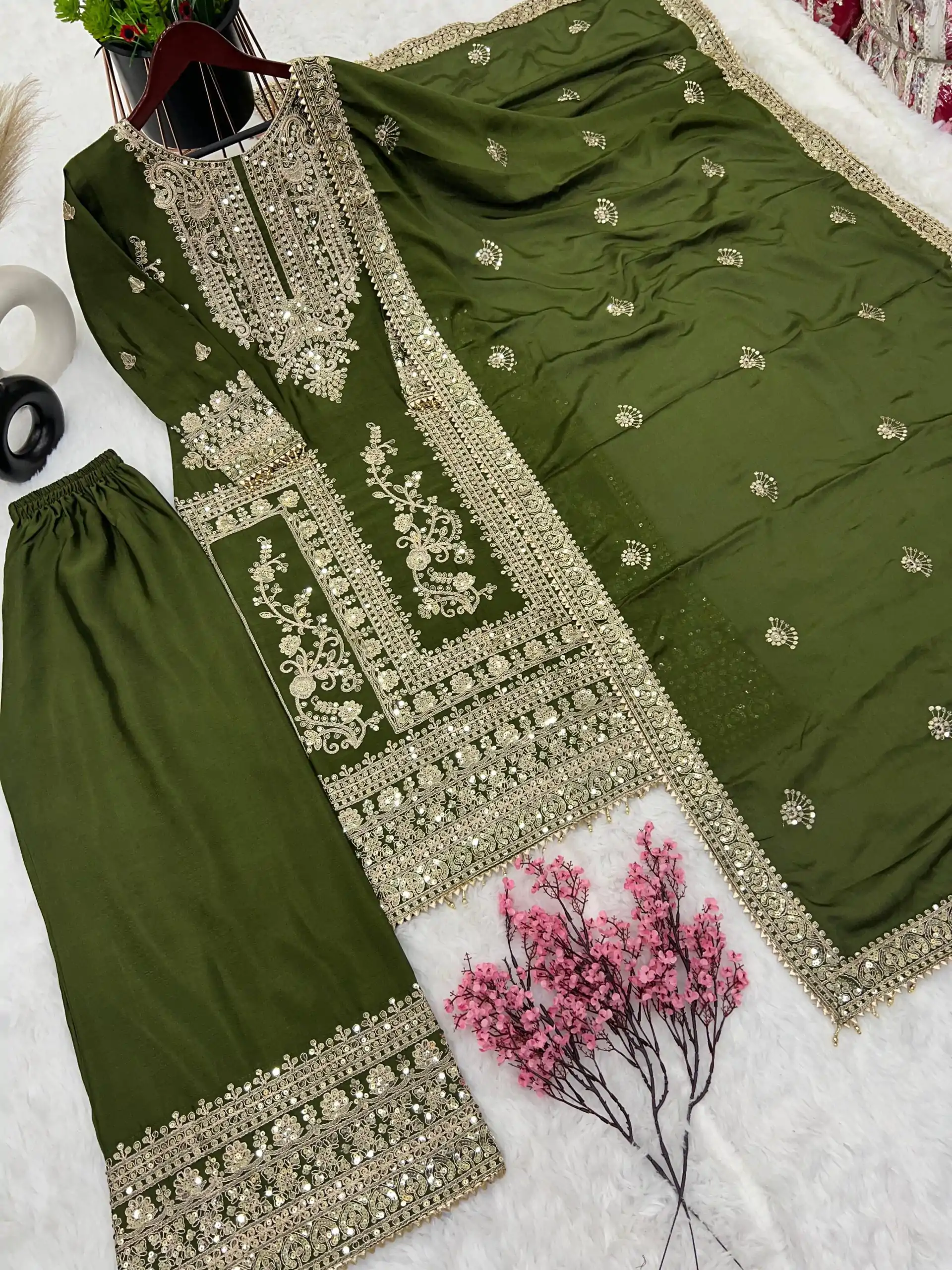 SRK 5146 Mehndi Color Pure Chinnon Silk Embroidery Coding Dori Salwar Suit Wedding, Party, Festive, Events Expected Delivery 4-6 Working Days @ 2199/- | Jump Suits, Casual Suits, Creative suits, Designer Suits, Palazzo Suits, Party Wear Suits, Patiala Suits, Salwar suit, Straight Suits