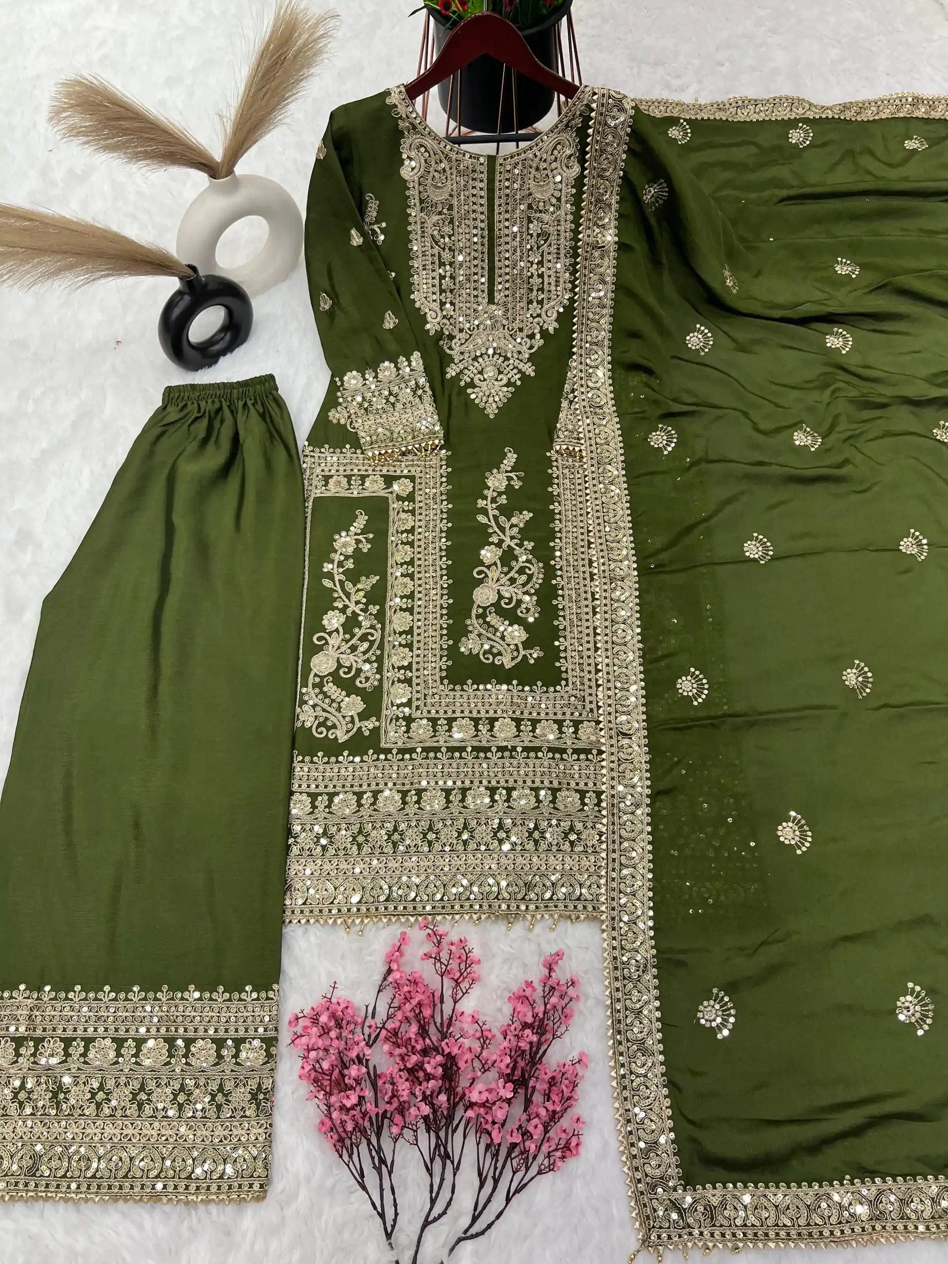 SRK 5146 Mehndi Color Pure Chinnon Silk Embroidery Coding Dori Salwar Suit Wedding, Party, Festive, Events Expected Delivery 4-6 Working Days @ 2199/- | Jump Suits, Casual Suits, Creative suits, Designer Suits, Palazzo Suits, Party Wear Suits, Patiala Suits, Salwar suit, Straight Suits