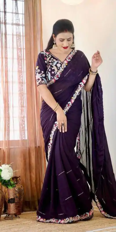 BT 3107 Purple Color Rangoli Silk Beautiful Embroidery Saree Casual, Party Wear, Traditional Wear, Wedding Wear, Events Etc.@1799/- | Bollywood Sarees, Creative Sarees, Designer Sarees, Ethnic Saree, Party Wear Sarees, Sarees