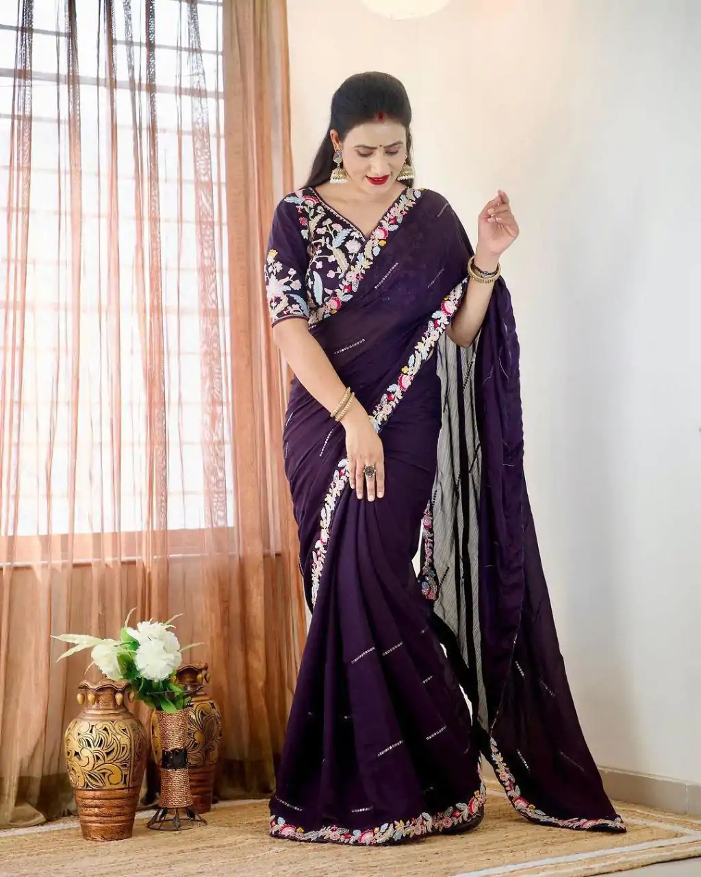 BT 3107 Purple Color Rangoli Silk Beautiful Embroidery Saree Casual, Party Wear, Traditional Wear, Wedding Wear, Events Etc.@1799/- | Bollywood Sarees, Creative Sarees, Designer Sarees, Ethnic Saree, Party Wear Sarees, Sarees