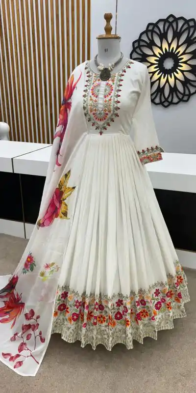 ZF 385 White Color Chinon Silk Embroidery Sequence Gonw Casual, Wedding, Party, Festive, Events Etc. Expected Delivery 4-6 Working Days @2099/- | Bollywood Gowns, Creative Gowns, Designer Gowns, Gowns, Party Wear Gowns