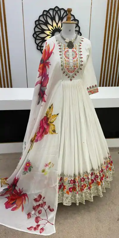 ZF 385 White Color Chinon Silk Embroidery Sequence Gonw Casual, Wedding, Party, Festive, Events Etc. Expected Delivery 4-6 Working Days @2099/- | Bollywood Gowns, Creative Gowns, Designer Gowns, Gowns, Party Wear Gowns