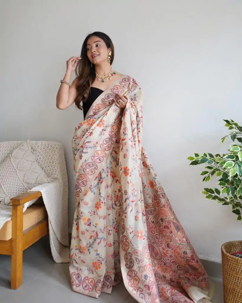 DDF 504 White Color Kashmiri Running Thread Zari Work Saree Casual, Party Wear, Events, Festivals Etc. Expected Delivery 4-6 Working Days 2499/- | Bollywood Sarees, Creative Sarees, Designer Sarees, Embroidered Sarees, Ethnic Saree, Modern Digital sarees, Party Wear Sarees, Sarees
