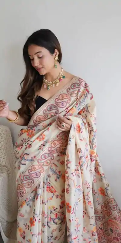 DDF 504 White Color Kashmiri Running Thread Zari Work Saree Casual, Party Wear, Events, Festivals Etc. Expected Delivery 4-6 Working Days 2499/- | Bollywood Sarees, Creative Sarees, Designer Sarees, Embroidered Sarees, Ethnic Saree, Modern Digital sarees, Party Wear Sarees, Sarees