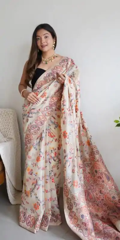 DDF 504 White Color Kashmiri Running Thread Zari Work Saree Casual, Party Wear, Events, Festivals Etc. Expected Delivery 4-6 Working Days 2499/- | Bollywood Sarees, Creative Sarees, Designer Sarees, Embroidered Sarees, Ethnic Saree, Modern Digital sarees, Party Wear Sarees, Sarees