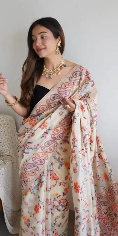 DDF 504 White Color Kashmiri Running Thread Zari Work Saree Casual, Party Wear, Events, Festivals Etc. Expected Delivery 4-6 Working Days 2499/- | Bollywood Sarees, Creative Sarees, Designer Sarees, Embroidered Sarees, Ethnic Saree, Modern Digital sarees, Party Wear Sarees, Sarees
