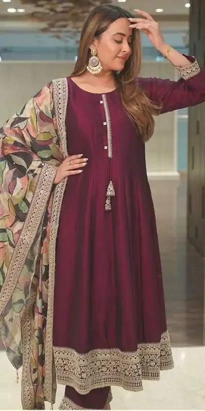 NSR 820 Wine Color Chinnon Silk Embroidery Sequence Gown Casual, Wedding, Festive Party Wear, Events Black Color Gown @2349/- | Bollywood Gowns, Creative Gowns, Designer Gowns, Gowns, Party Wear Gowns