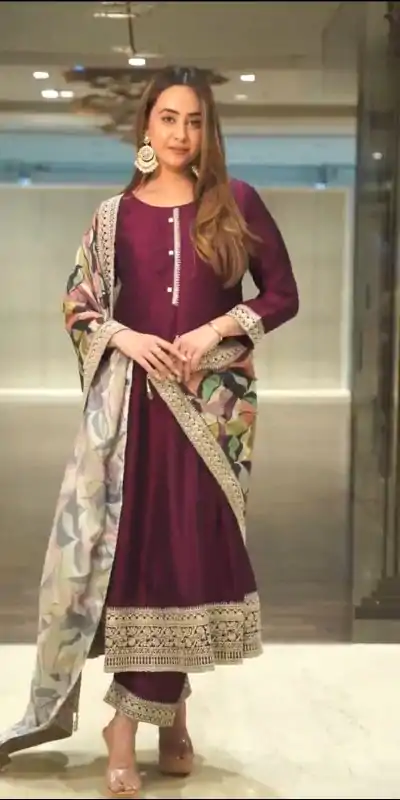 NSR 820 Wine Color Chinnon Silk Embroidery Sequence Gown Casual, Wedding, Festive Party Wear, Events Black Color Gown @2349/- | Bollywood Gowns, Creative Gowns, Designer Gowns, Gowns, Party Wear Gowns