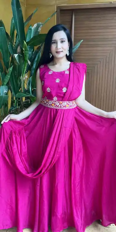 Ram 015 Rani Pink Color Chinon Embroidery Lace Work Gown Casual, Wedding, Party, Festive, Events Etc. Expected Delivery 4-6 Working Days @2049/- | Bollywood Gowns, Creative Gowns, Designer Gowns, Gowns, Party Wear Gowns