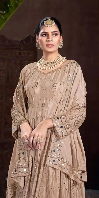 VLM 208 Golden Color Chinon Silk Embroidery Sequence Gown Casual, Wedding, Party, Festive, Events Etc. Expected Delivery 4-6 Working Days @2099/- | Bollywood Gowns, Creative Gowns, Designer Gowns, Gowns, Party Wear Gowns