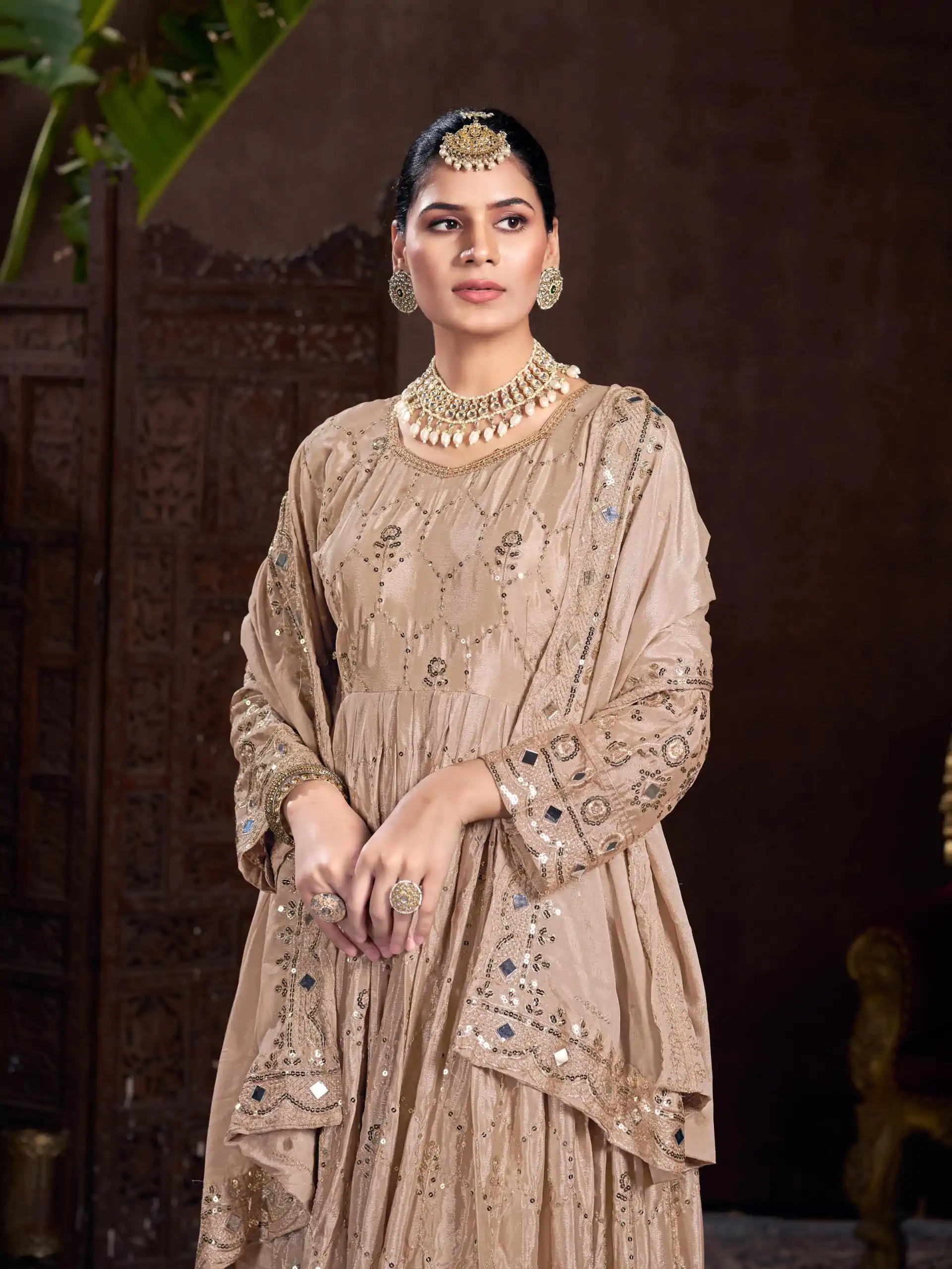 VLM 208 Golden Color Chinon Silk Embroidery Sequence Gown Casual, Wedding, Party, Festive, Events Etc. Expected Delivery 4-6 Working Days @2099/- | Bollywood Gowns, Creative Gowns, Designer Gowns, Gowns, Party Wear Gowns