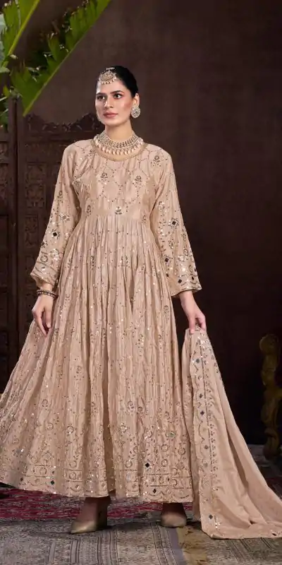 VLM 208 Golden Color Chinon Silk Embroidery Sequence Gown Casual, Wedding, Party, Festive, Events Etc. Expected Delivery 4-6 Working Days @2099/- | Bollywood Gowns, Creative Gowns, Designer Gowns, Gowns, Party Wear Gowns