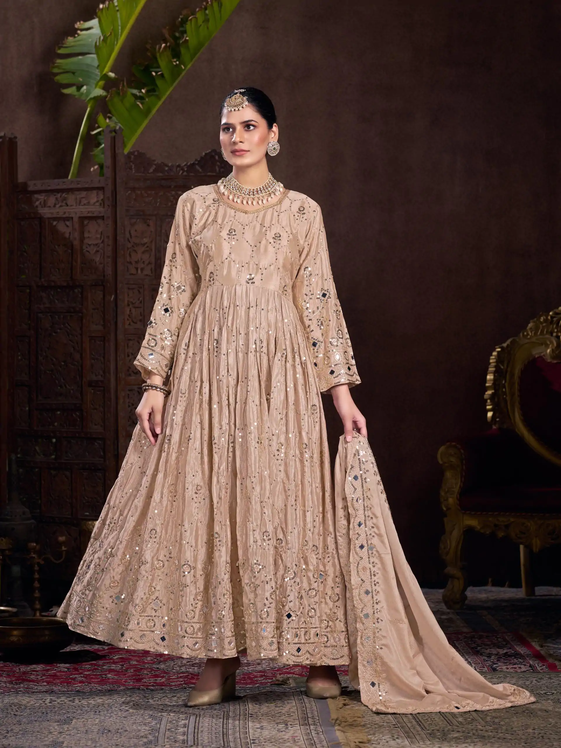 VLM 208 Golden Color Chinon Silk Embroidery Sequence Gown Casual, Wedding, Party, Festive, Events Etc. Expected Delivery 4-6 Working Days @2099/- | Bollywood Gowns, Creative Gowns, Designer Gowns, Gowns, Party Wear Gowns