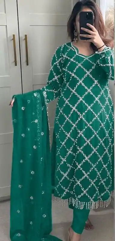 MF 409 Green Color Georgette Embroidered Hand Work Salwar Suit Wedding, Party, Festive, Events Etc. Expected 4-6 Working Days @2149/- | Jump Suits, Casual Suits, Creative suits, Designer Suits, Palazzo Suits, Party Wear Suits, Patiala Suits, Salwar suit, Straight Suits