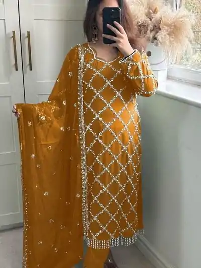 MF 409 Mustard Color Georgette Embroidered Hand Work Salwar Suit Wedding, Party, Festive, Events Etc. Expected 4-6 Working Days @2149/- | Jump Suits, Casual Suits, Creative suits, Designer Suits, Palazzo Suits, Party Wear Suits, Patiala Suits, Salwar suit, Straight Suits