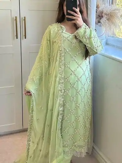 MF 409 Pista Color Georgette Embroidered Hand Work Salwar Suit Wedding, Party, Festive, Events Etc. Expected 4-6 Working Days @2149/- | Jump Suits, Casual Suits, Creative suits, Designer Suits, Palazzo Suits, Party Wear Suits, Patiala Suits, Salwar suit, Straight Suits