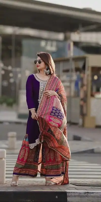 AD 165 Violet Color Chinon Silk Embroidery Work Sharara Suit Casual, Wedding, Party, Festive, Events Etc. Expected Delivery 4-6 Working Days @1999/- | Jump Suits, Casual Suits, Creative suits, Designer Suits, Palazzo Suits, Party Wear Suits, Patiala Suits, Salwar suit, Straight Suits