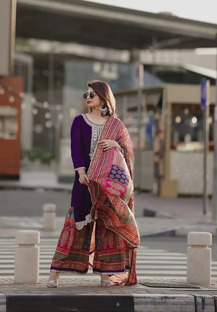 AD 165 Violet Color Chinon Silk Embroidery Work Sharara Suit Casual, Wedding, Party, Festive, Events Etc. Expected Delivery 4-6 Working Days @1999/- | Jump Suits, Casual Suits, Creative suits, Designer Suits, Palazzo Suits, Party Wear Suits, Patiala Suits, Salwar suit, Straight Suits