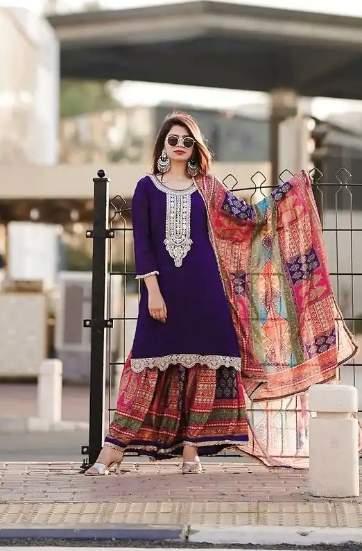 AD 165 Violet Color Chinon Silk Embroidery Work Sharara Suit Casual, Wedding, Party, Festive, Events Etc. Expected Delivery 4-6 Working Days @1999/- | Jump Suits, Casual Suits, Creative suits, Designer Suits, Palazzo Suits, Party Wear Suits, Patiala Suits, Salwar suit, Straight Suits