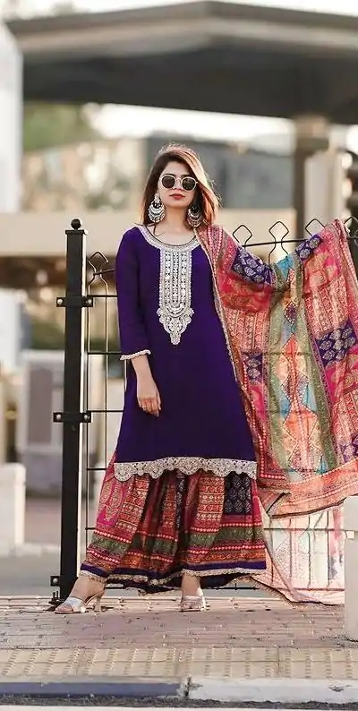 AD 165 Violet Color Chinon Silk Embroidery Work Sharara Suit Casual, Wedding, Party, Festive, Events Etc. Expected Delivery 4-6 Working Days @1999/- | Jump Suits, Casual Suits, Creative suits, Designer Suits, Palazzo Suits, Party Wear Suits, Patiala Suits, Salwar suit, Straight Suits