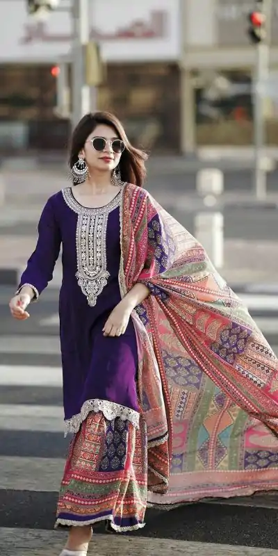 AD 165 Violet Color Chinon Silk Embroidery Work Sharara Suit Casual, Wedding, Party, Festive, Events Etc. Expected Delivery 4-6 Working Days @1999/- | Jump Suits, Casual Suits, Creative suits, Designer Suits, Palazzo Suits, Party Wear Suits, Patiala Suits, Salwar suit, Straight Suits