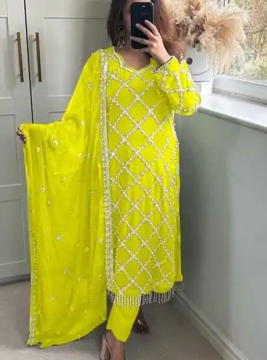 MF 409 Yellow Color Georgette Embroidered Hand Work Salwar Suit Wedding, Party, Festive, Events Etc. Expected 4-6 Working Days @2149/- | Jump Suits, Casual Suits, Creative suits, Designer Suits, Palazzo Suits, Party Wear Suits, Patiala Suits, Salwar suit, Straight Suits