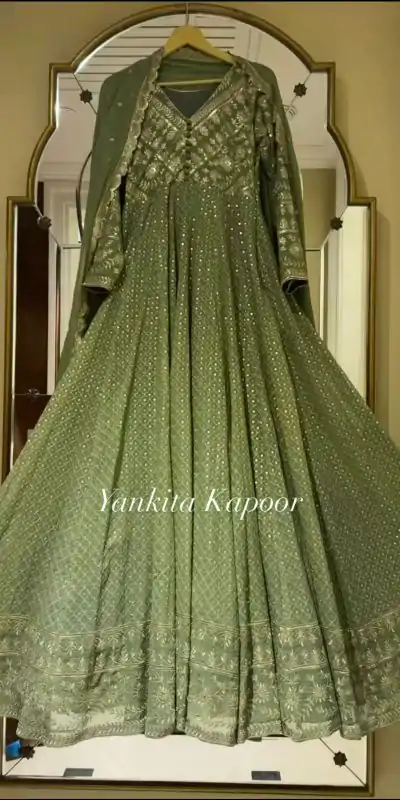 SR 1628 Green Color Georgette Embroidery Sequence Gown Casual, Wedding, Party, Festive, Events Etc. Expected Delivery 4-6 Working Days @2499/- | Bollywood Gowns, Creative Gowns, Designer Gowns, Gowns, Party Wear Gowns
