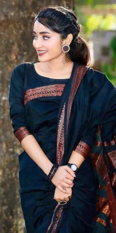 DDF COPPER Black Color Banarasi Soft Silk Ordinary Design Saree Casual, Party Wear, Events, Festivals Wear Etc. Expected Delivery 4-6 Working Days 1399/- | Bollywood Sarees, Creative Sarees, Designer Sarees, Embroidered Sarees, Ethnic Saree, Party Wear Sarees, Sarees