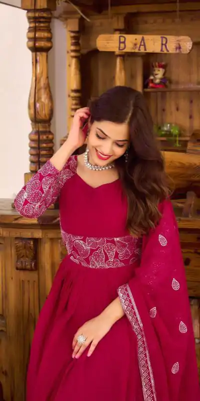 Ram 018 Maroon Color Fox Georgette Embroidery Sequence Gown Casual, Wedding, Party, Festive, Events Etc. Expected Delivery 4-6 Working Days @1999/- | Bollywood Gowns, Creative Gowns, Designer Gowns, Gowns, Party Wear Gowns