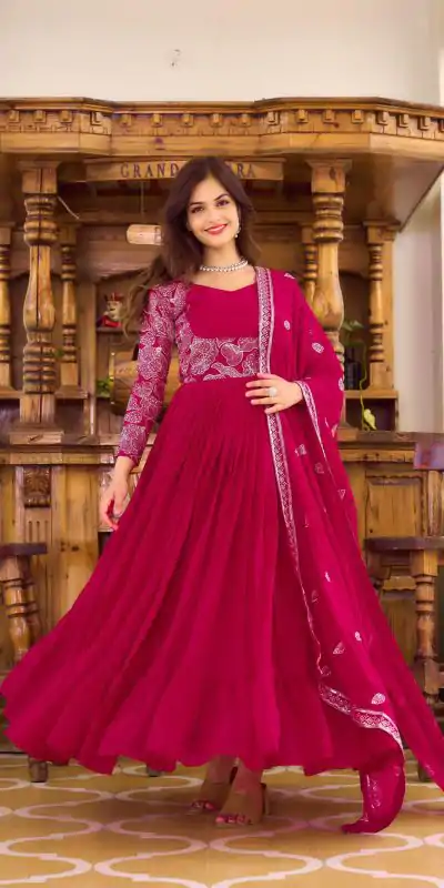 Ram 018 Maroon Color Fox Georgette Embroidery Sequence Gown Casual, Wedding, Party, Festive, Events Etc. Expected Delivery 4-6 Working Days @1999/- | Bollywood Gowns, Creative Gowns, Designer Gowns, Gowns, Party Wear Gowns
