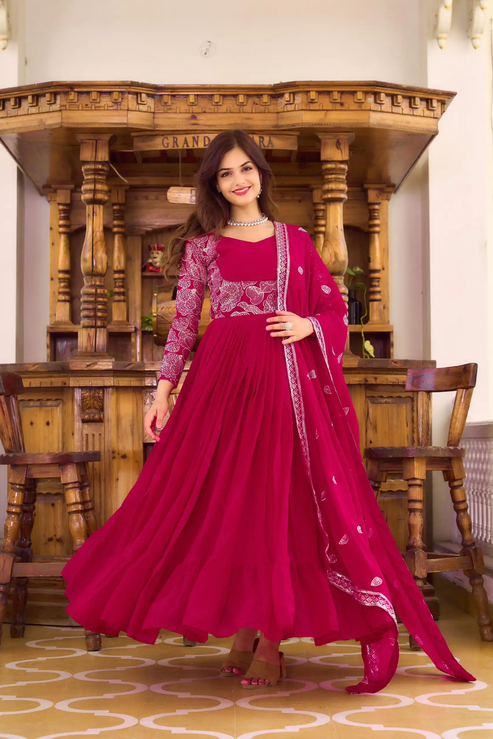 Ram 018 Maroon Color Fox Georgette Embroidery Sequence Gown Casual, Wedding, Party, Festive, Events Etc. Expected Delivery 4-6 Working Days @1999/- | Bollywood Gowns, Creative Gowns, Designer Gowns, Gowns, Party Wear Gowns