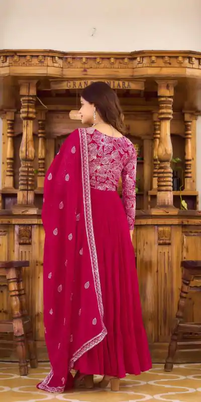 Ram 018 Maroon Color Fox Georgette Embroidery Sequence Gown Casual, Wedding, Party, Festive, Events Etc. Expected Delivery 4-6 Working Days @1999/- | Bollywood Gowns, Creative Gowns, Designer Gowns, Gowns, Party Wear Gowns