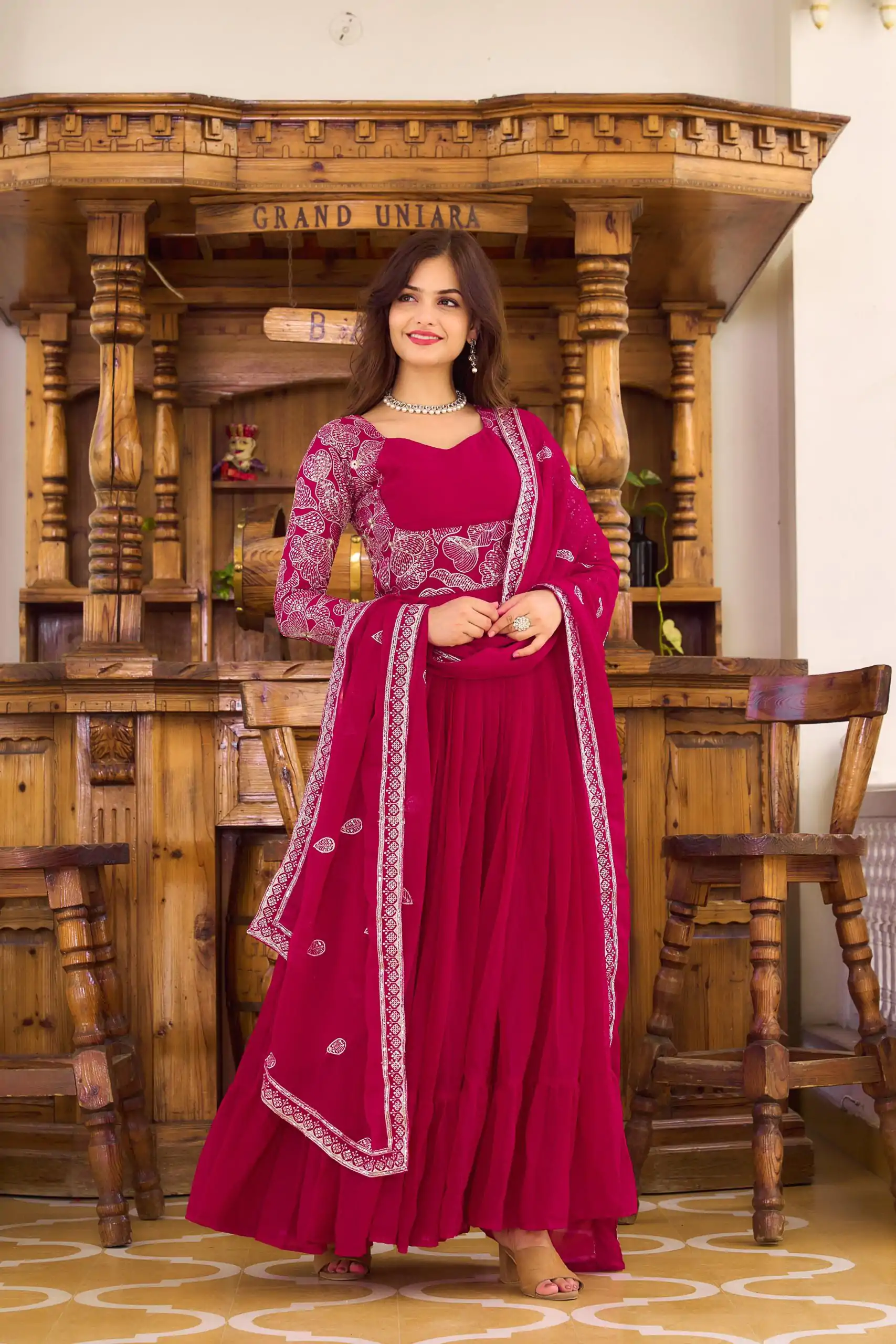 Ram 018 Maroon Color Fox Georgette Embroidery Sequence Gown Casual, Wedding, Party, Festive, Events Etc. Expected Delivery 4-6 Working Days @1999/- | Bollywood Gowns, Creative Gowns, Designer Gowns, Gowns, Party Wear Gowns