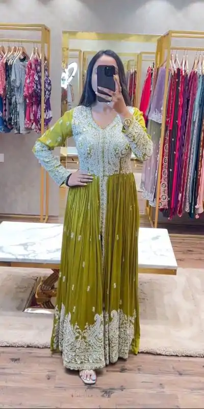 SR 1623 Pista Green Color Georgette Embroidery Sequence Gown Casual, Wedding, Party, Festive, Events Etc. Expected Delivery 4-6 Working Days @2349/- | Bollywood Gowns, Creative Gowns, Designer Gowns, Gowns, Party Wear Gowns