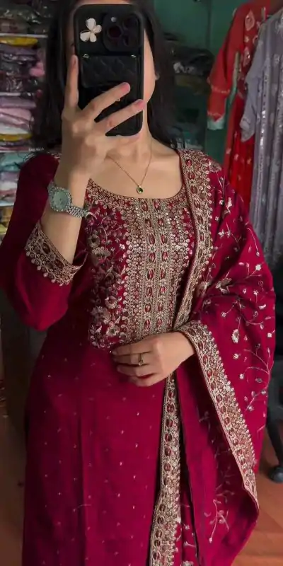 AD 163 Red Color Chinon Silk Embroidery Work Sharara Suit Casual, Wedding, Party, Festive, Events Etc. Expected Delivery 4-6 Working Days @2249/- | Jump Suits, Casual Suits, Creative suits, Designer Suits, Palazzo Suits, Party Wear Suits, Patiala Suits, Salwar suit, Straight Suits