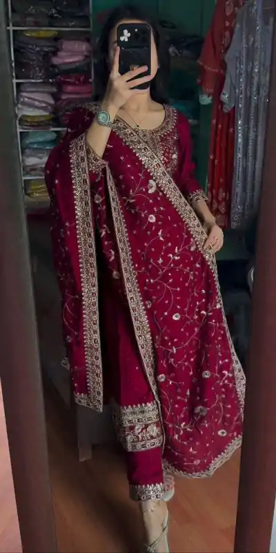 AD 163 Red Color Chinon Silk Embroidery Work Sharara Suit Casual, Wedding, Party, Festive, Events Etc. Expected Delivery 4-6 Working Days @2249/- | Jump Suits, Casual Suits, Creative suits, Designer Suits, Palazzo Suits, Party Wear Suits, Patiala Suits, Salwar suit, Straight Suits