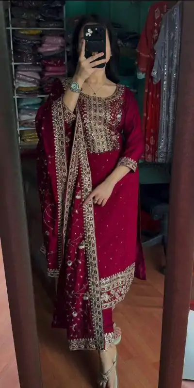 AD 163 Red Color Chinon Silk Embroidery Work Sharara Suit Casual, Wedding, Party, Festive, Events Etc. Expected Delivery 4-6 Working Days @2249/- | Jump Suits, Casual Suits, Creative suits, Designer Suits, Palazzo Suits, Party Wear Suits, Patiala Suits, Salwar suit, Straight Suits