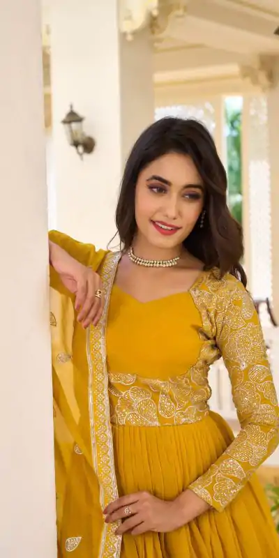 Ram 018 Yellow Color Fox Georgette Embroidery Sequence Gown Casual, Wedding, Party, Festive, Events Etc. Expected Delivery 4-6 Working Days @1999/- | Bollywood Gowns, Creative Gowns, Designer Gowns, Gowns, Party Wear Gowns
