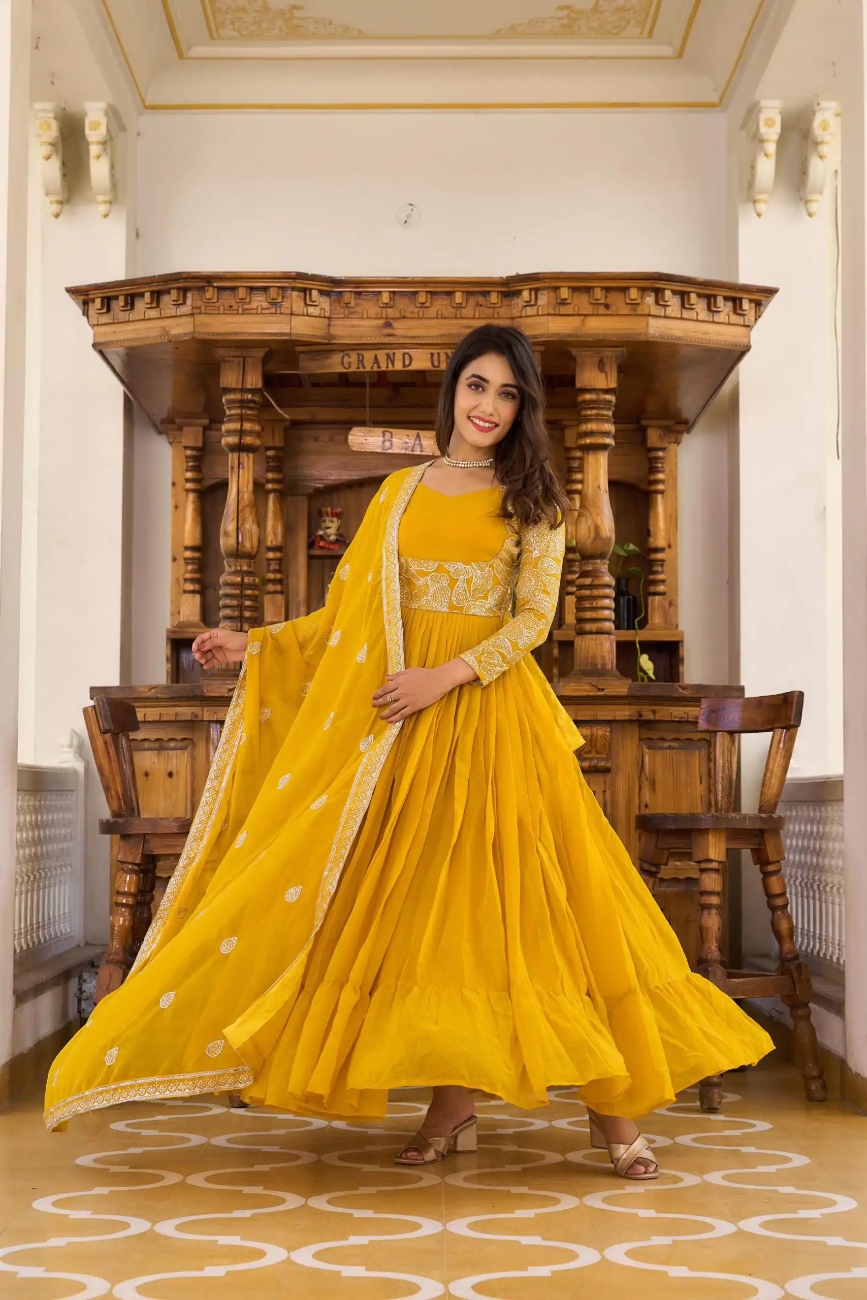Ram 018 Yellow Color Fox Georgette Embroidery Sequence Gown Casual, Wedding, Party, Festive, Events Etc. Expected Delivery 4-6 Working Days @1999/- | Bollywood Gowns, Creative Gowns, Designer Gowns, Gowns, Party Wear Gowns
