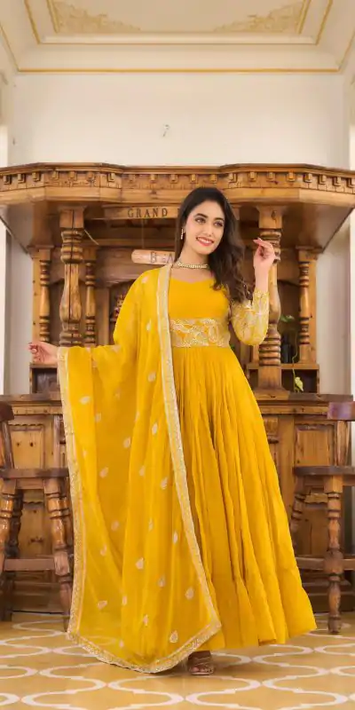 Ram 018 Yellow Color Fox Georgette Embroidery Sequence Gown Casual, Wedding, Party, Festive, Events Etc. Expected Delivery 4-6 Working Days @1999/- | Bollywood Gowns, Creative Gowns, Designer Gowns, Gowns, Party Wear Gowns